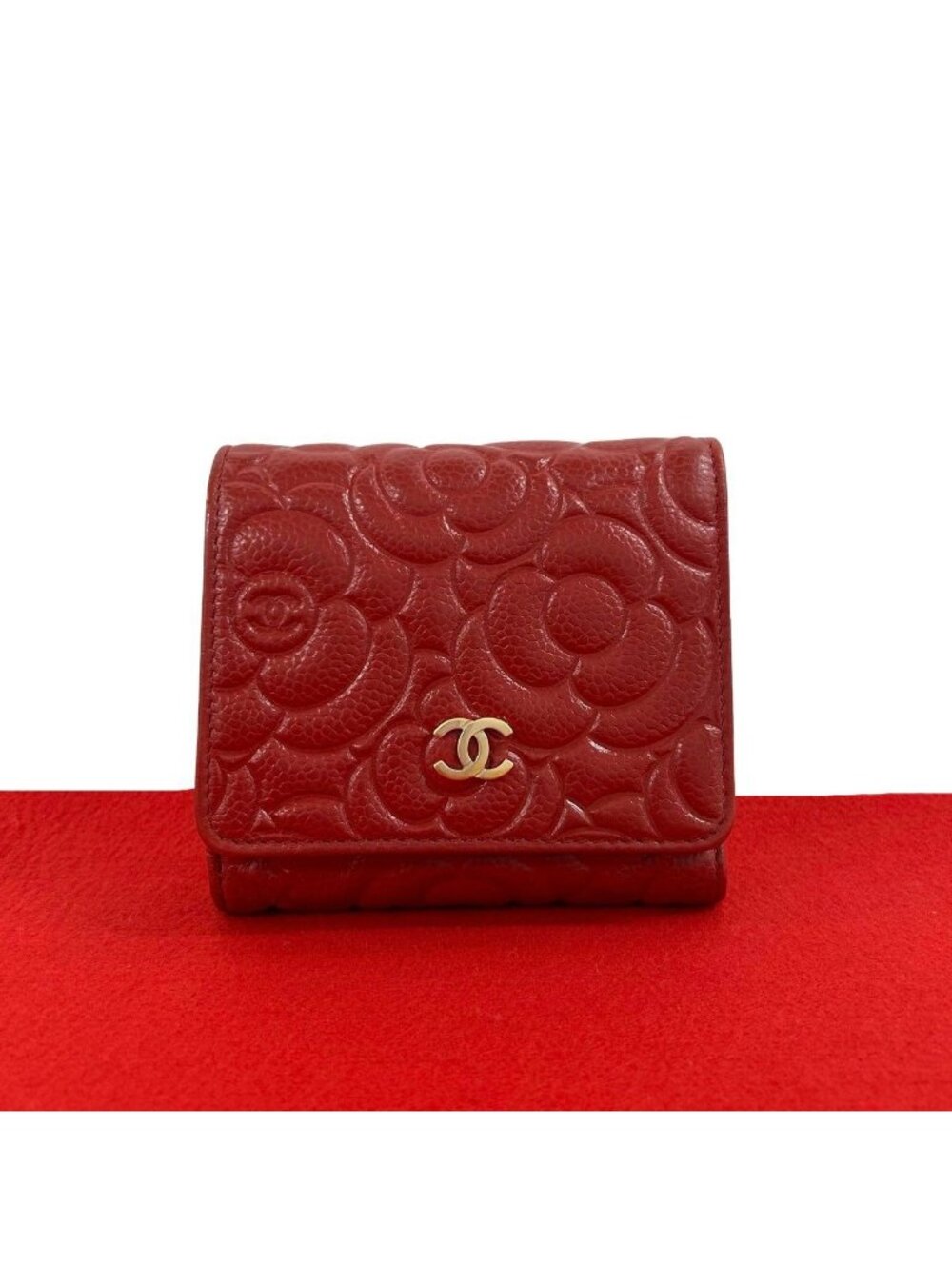 Chanel CC Logo Camellia Caviar Leather Trifold Wallet Mini Card Case